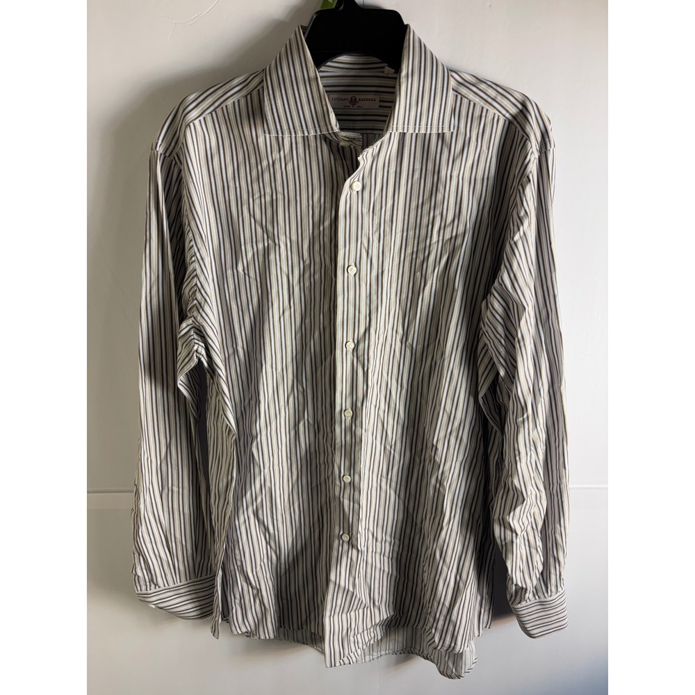 Luciano Barbera White Button-Down Shirt with Black and Gray Stripes